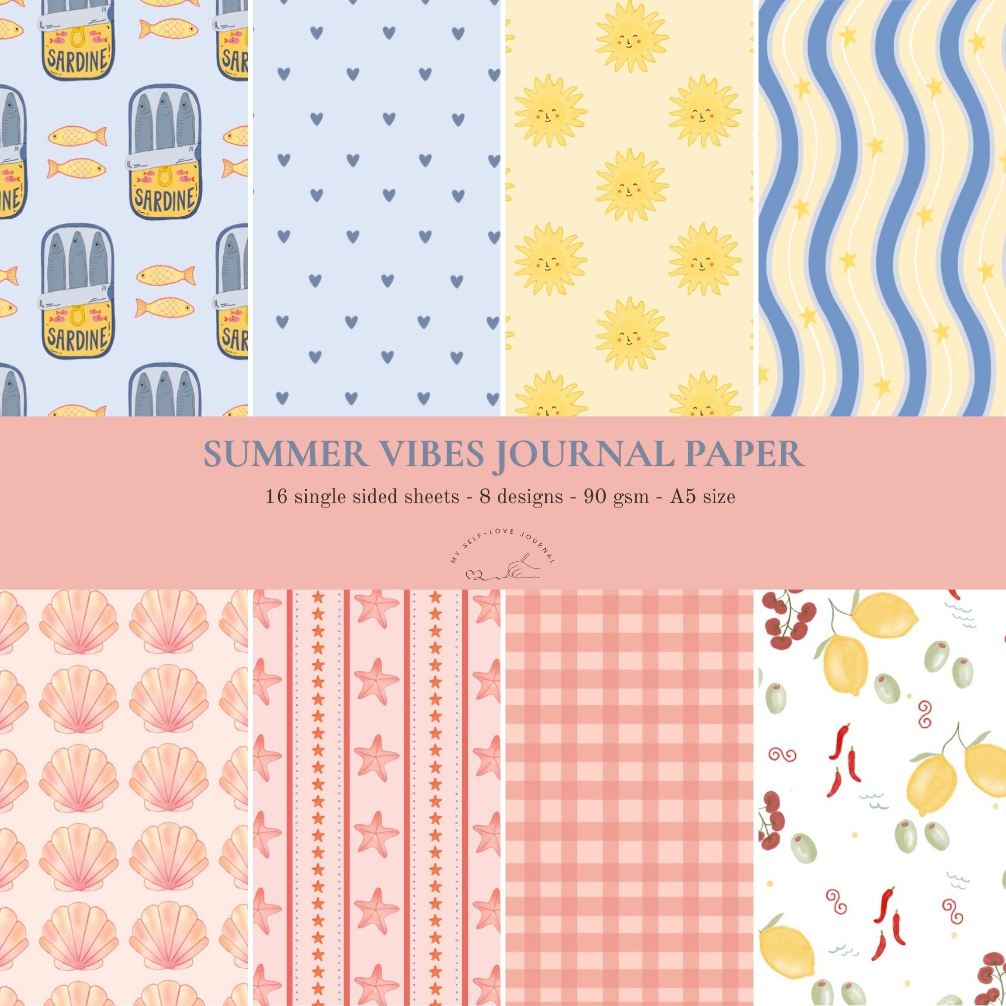 Journal paper in A5 formaat met 8 verschillende zomerse design, zoals sardientjes, zonnetjes, hartjes, schelpen, zeesterren, citroenen en meer