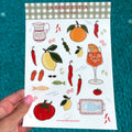 Stickervel in A5 formaat met drankjes, aperol, citroenen, sinaasappels, tomaten, pepers, olijven, vissen, tomaten, keramiek en andere Middelandse Zee tekeningen