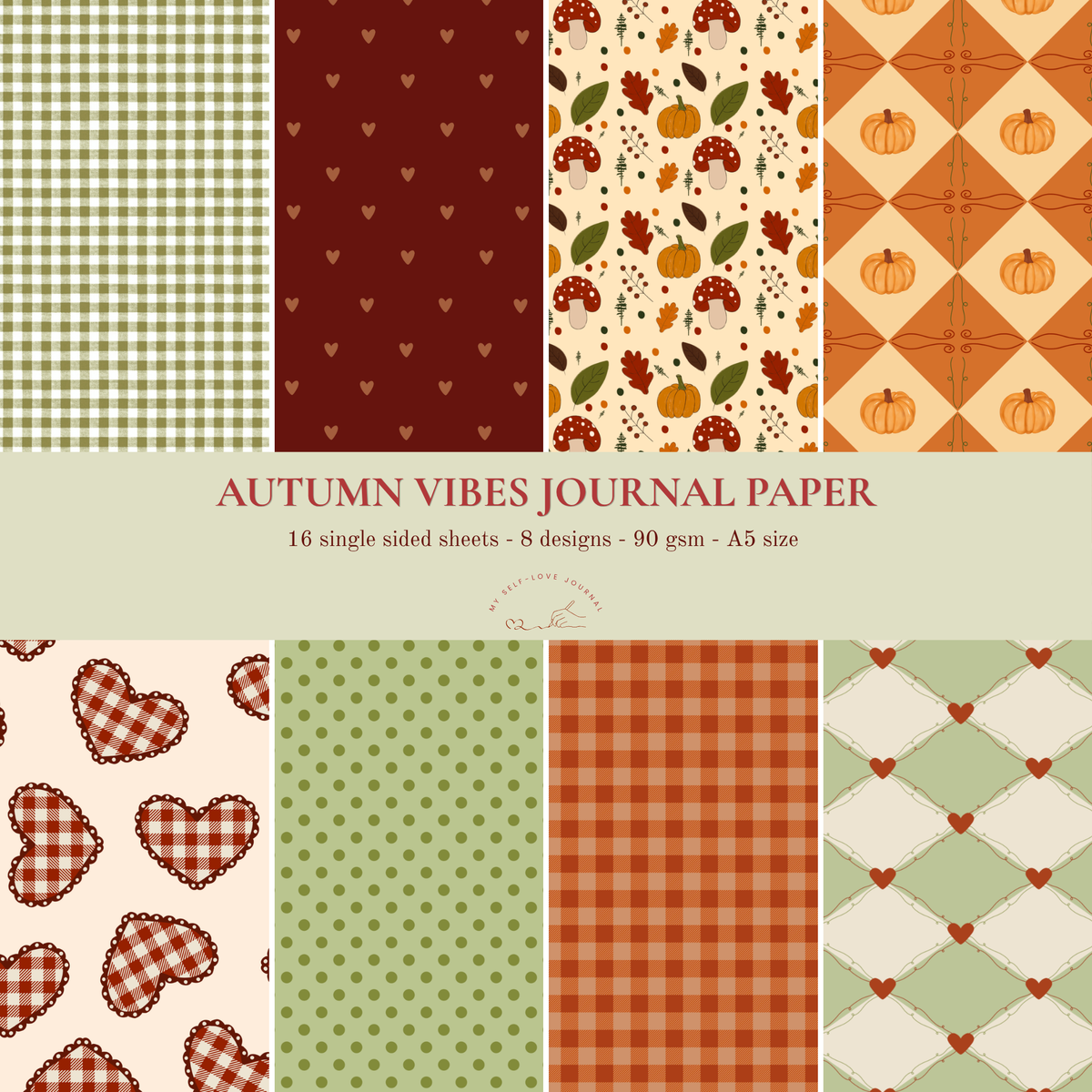 Journal papier in de herfstsfeer met pompoenen, bladeren, paddestoelen, herfstkleuren en ruitjes