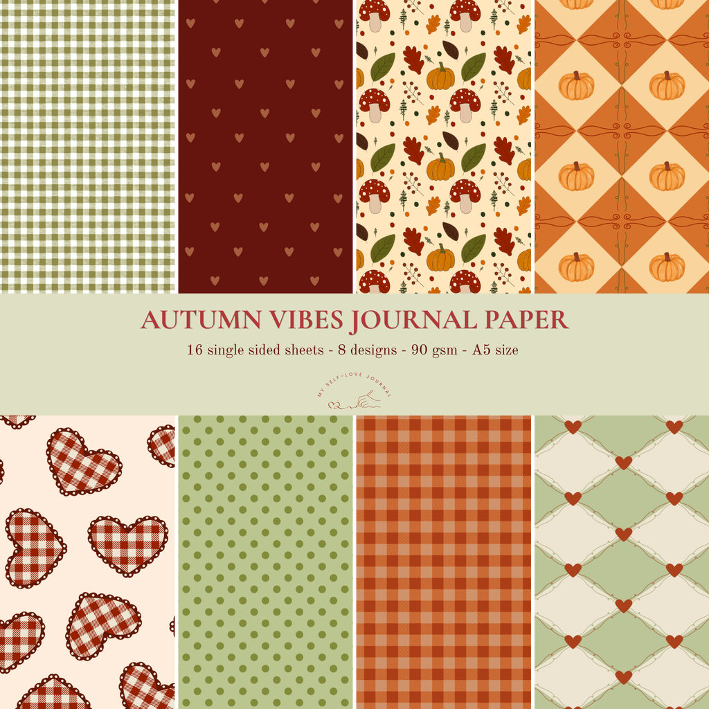 Journal papier in A5 formaat met herfst thema papier met groen, bordeaux, oranje tinten en bladeren, pompoenen, paddestoelen en meer