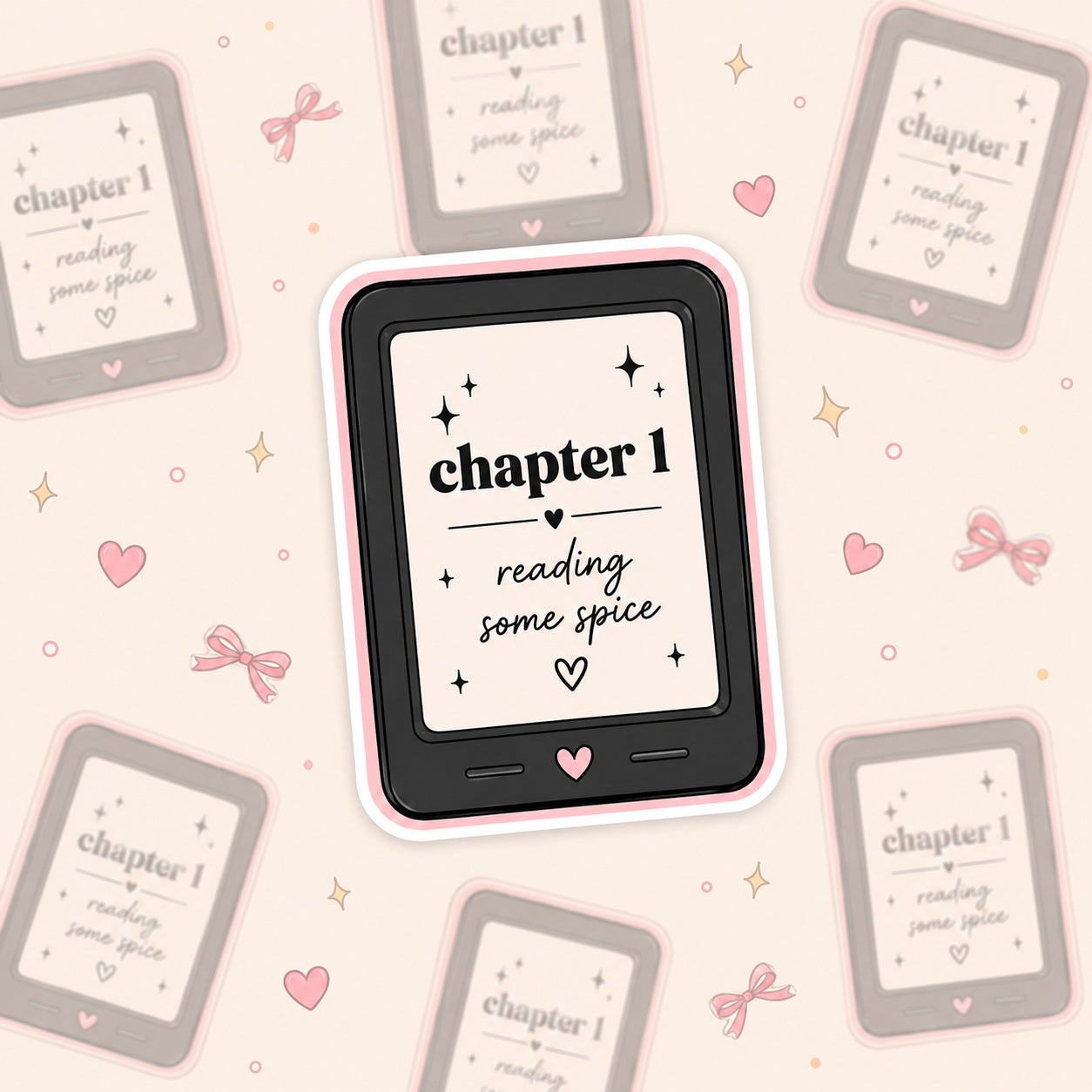 Sticker van een e-reader met de tekst 'chapter 1: reading some spice' erop.