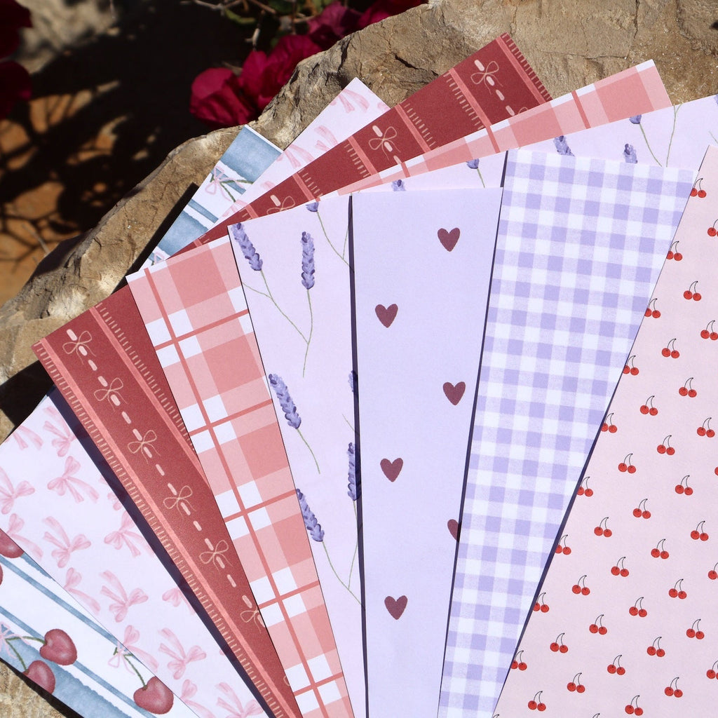 Journal papier in A5 formaat met unieke designs met strikjes, kersjes, hartjes, ruitjes in roze, lila, rood en blauw tinten 