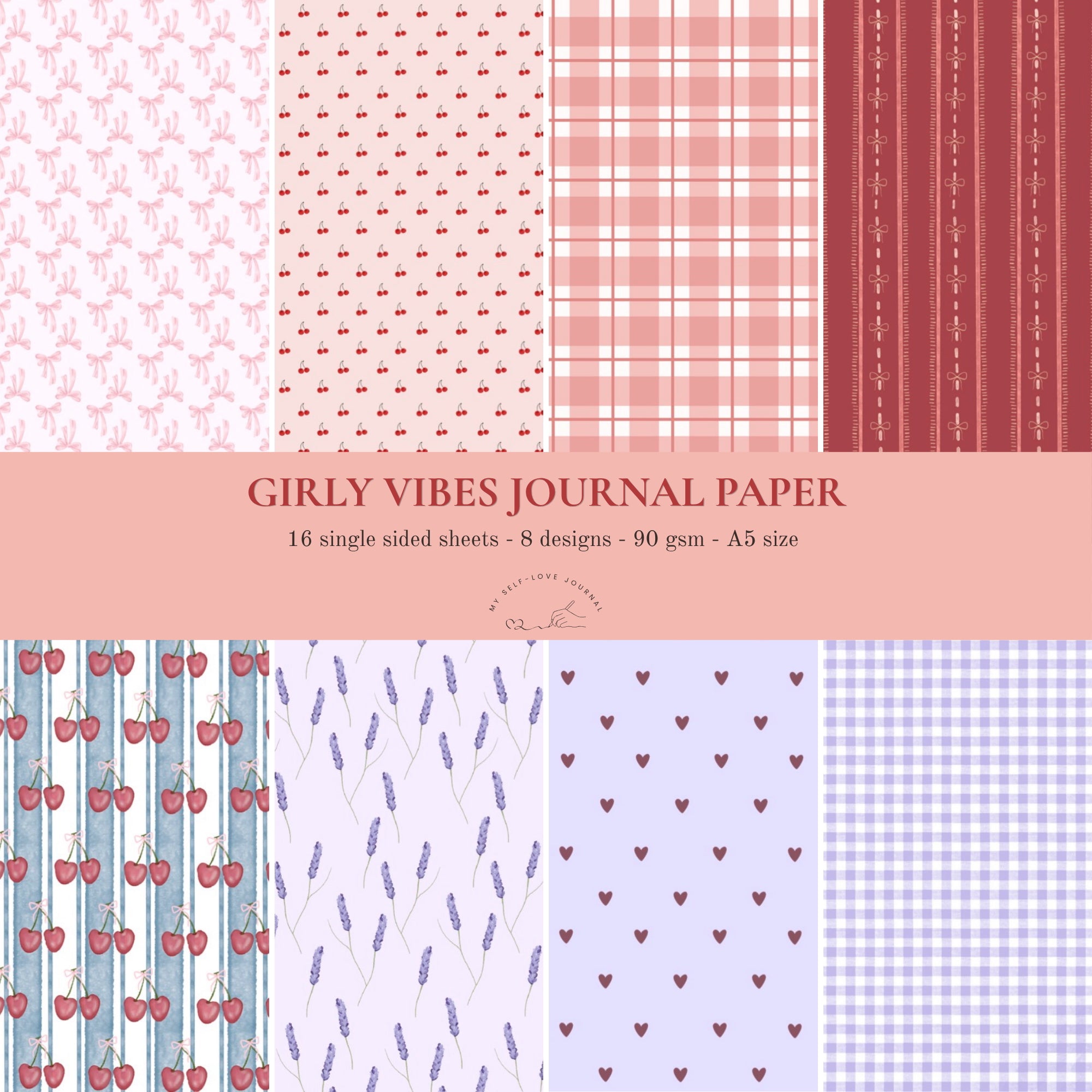 A5 formaat journal papier in roze  en paars tinten, met strikjes, kersjes, bloemen en ruitjes.