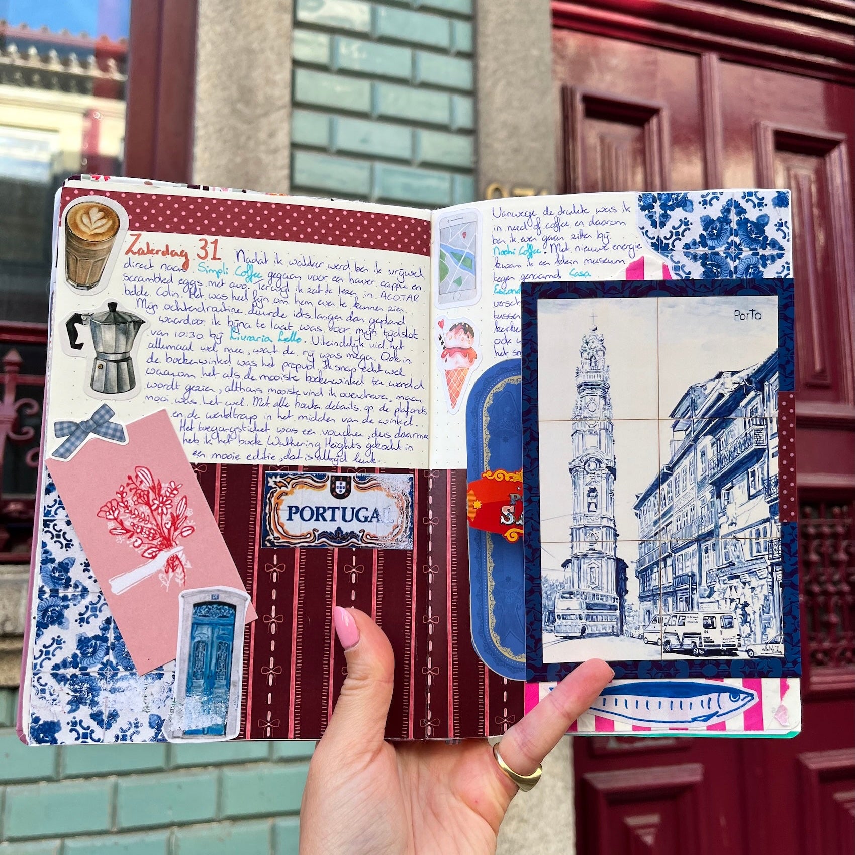Journal pagina van Porto met rood journal papier met roze strikjes