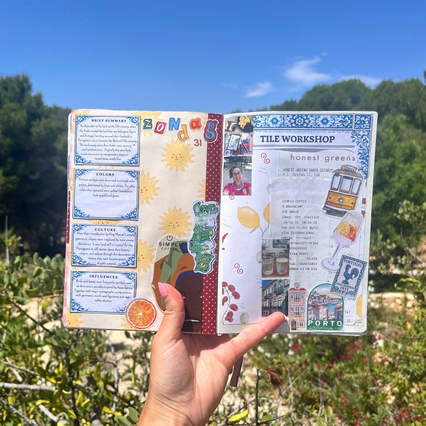 Junk journal pagina van Porto met journal papier met zonnetjes en citroen design