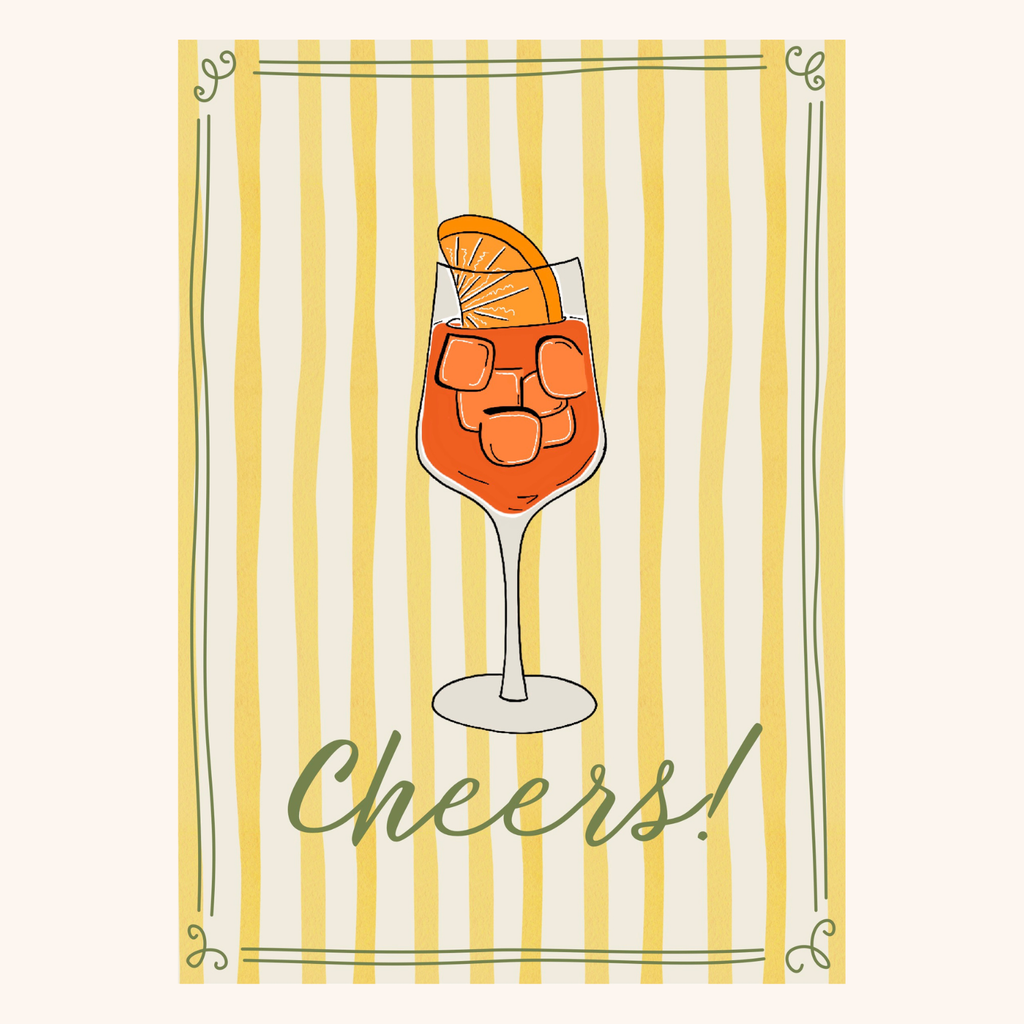 Kaart A6 op linnen look papier met een aperol en de tekst 'Cheers!'.
