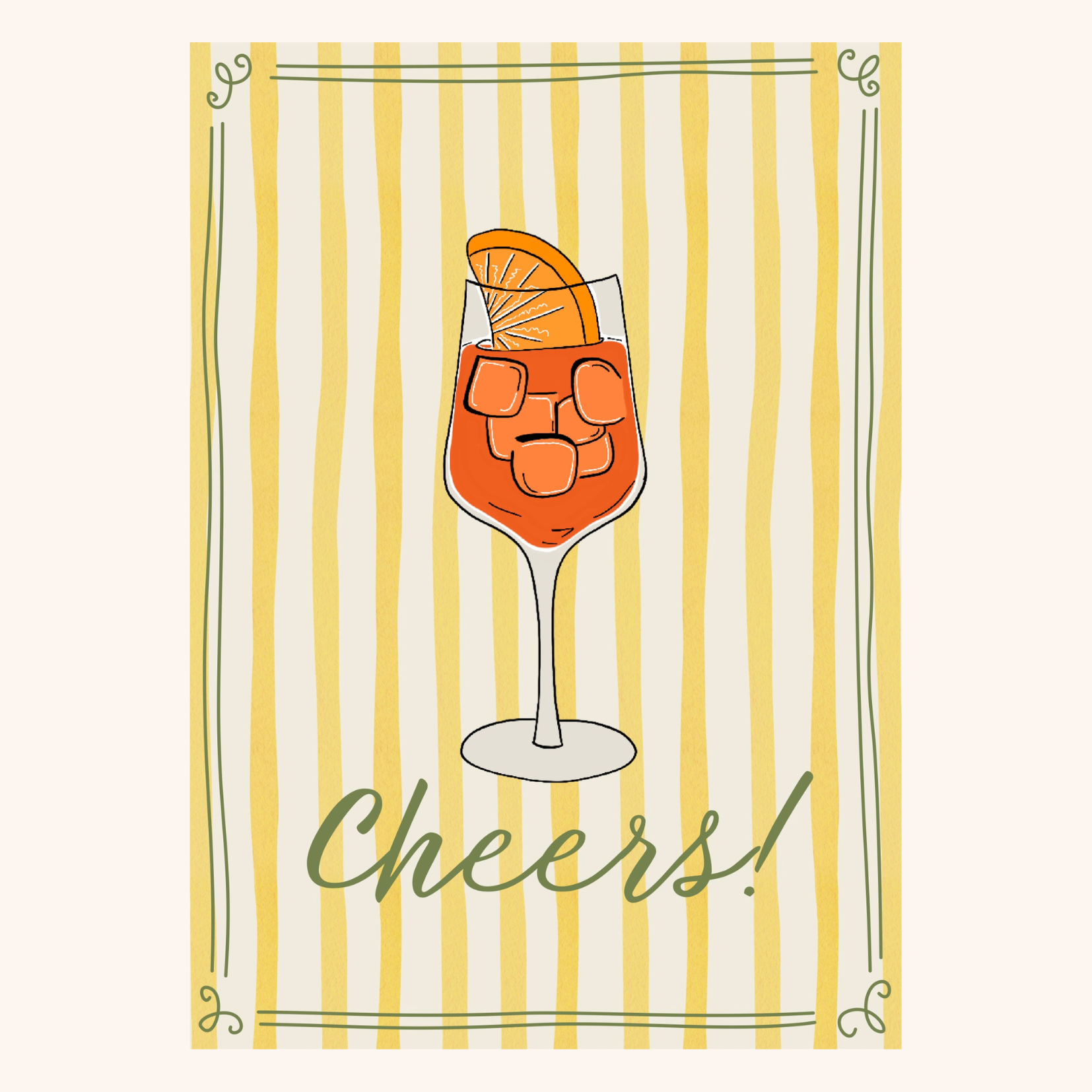 Kaart A6 op linnen look papier met een aperol en de tekst 'Cheers!'.