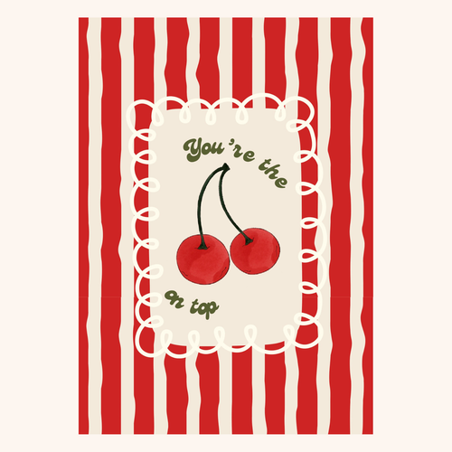 Kaart A6 formaat op linnen look papier met rood gestreepte achtergrond en kersjes met de tekst 'You're the cherry on top'.