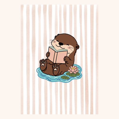 Kaart op linnenlook papier met een otter erop die ligt op het water en een boekje leest.