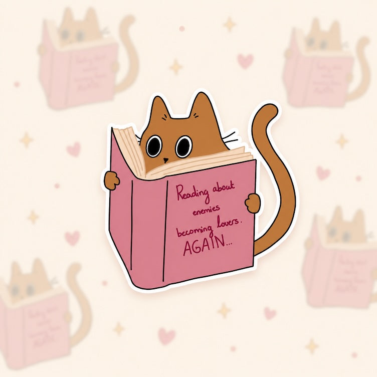 Sticker van een kat die een boek leest over vijanden die lovers worden.