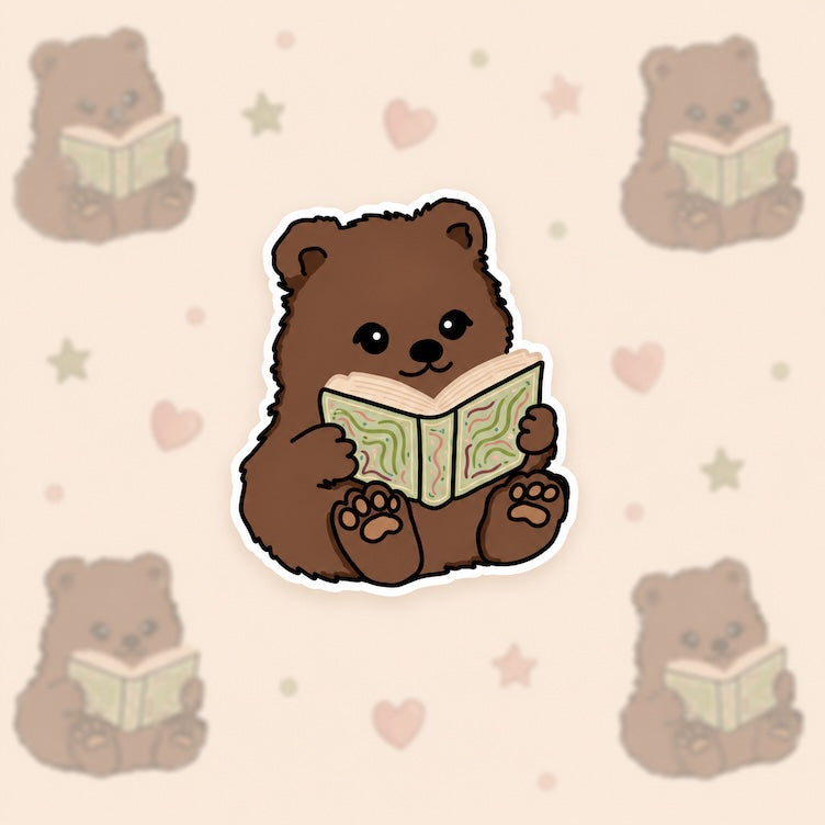 Sticker van een schattig bruin beertje die aan het lezen is