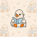 Sticker van een schattige witte gans die een boekje aan het lezen is.