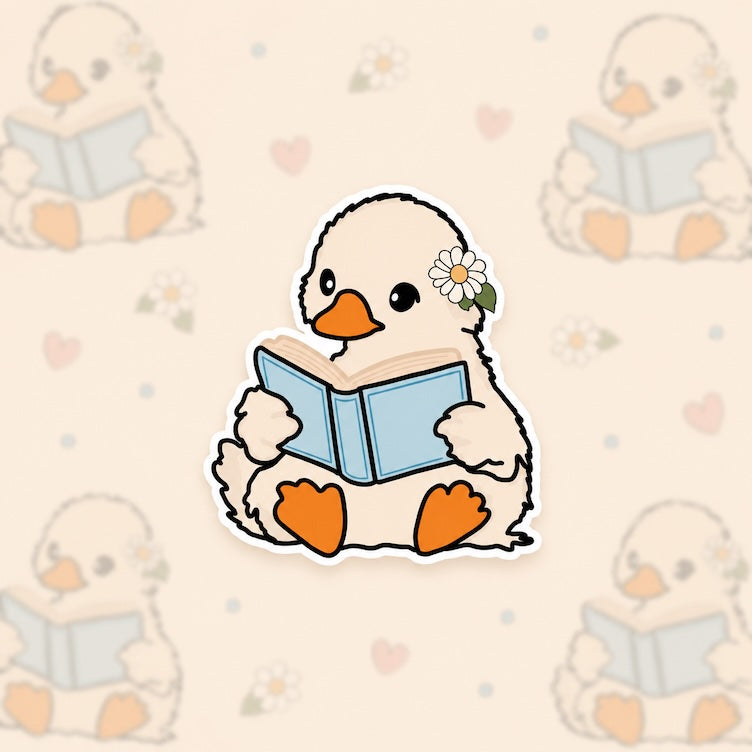 Sticker van een schattige witte gans die een boekje aan het lezen is.