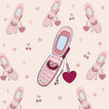 Sticker van een roze retro look klaptelefoon met de hanger van een hartje en een kersje. 