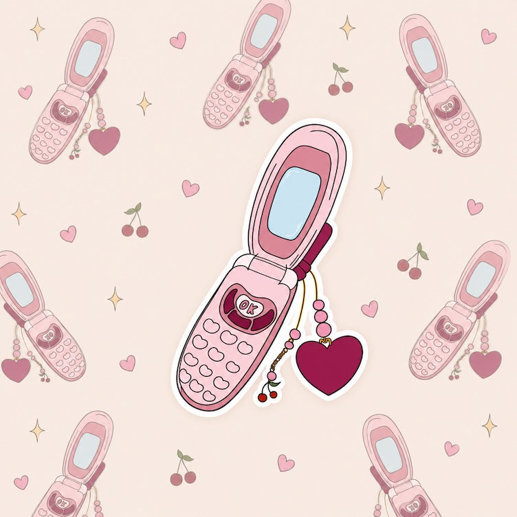 Sticker van een roze retro look klaptelefoon met de hanger van een hartje en een kersje. 