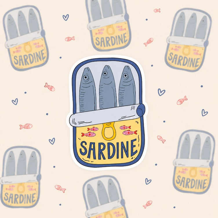 Sticker van sardientjes in een blikje.