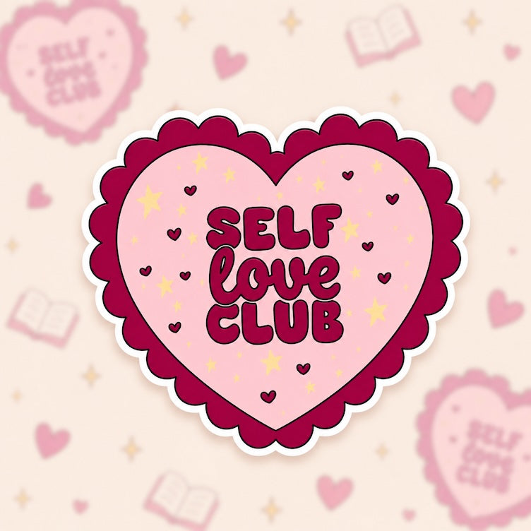 Sticker van een roze hart met de woorden Self Love Club erop)