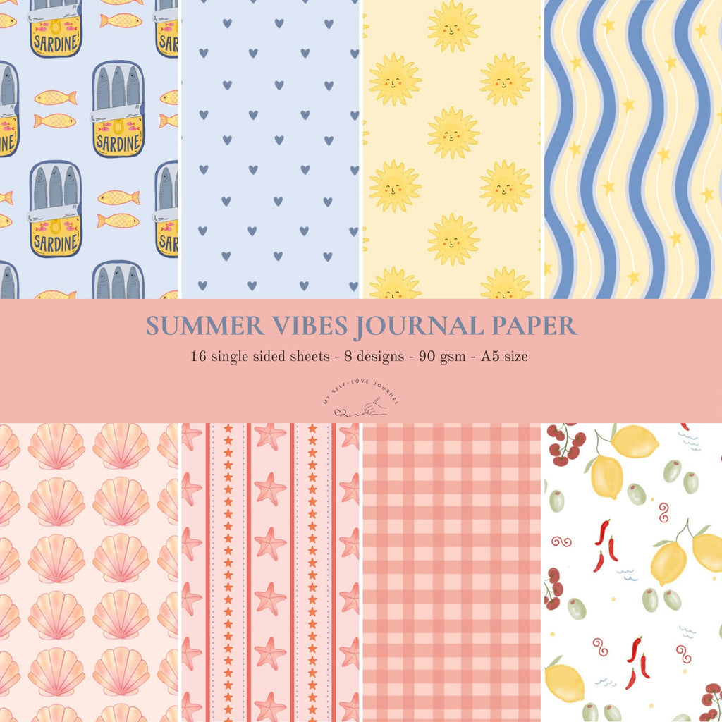 Journal paper in A5 formaat met 8 verschillende zomerse design, zoals sardientjes, zonnetjes, hartjes, schelpen, zeesterren, citroenen en meer