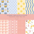 Journal paper in A5 formaat met 8 verschillende zomerse design, zoals sardientjes, zonnetjes, hartjes, schelpen, zeesterren, citroenen en meer