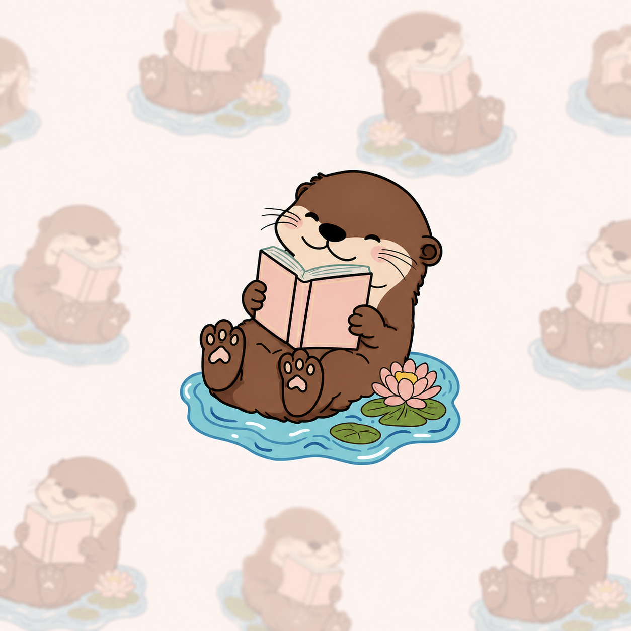 Sticker van een schattige otter in het water die aan het lezen is
